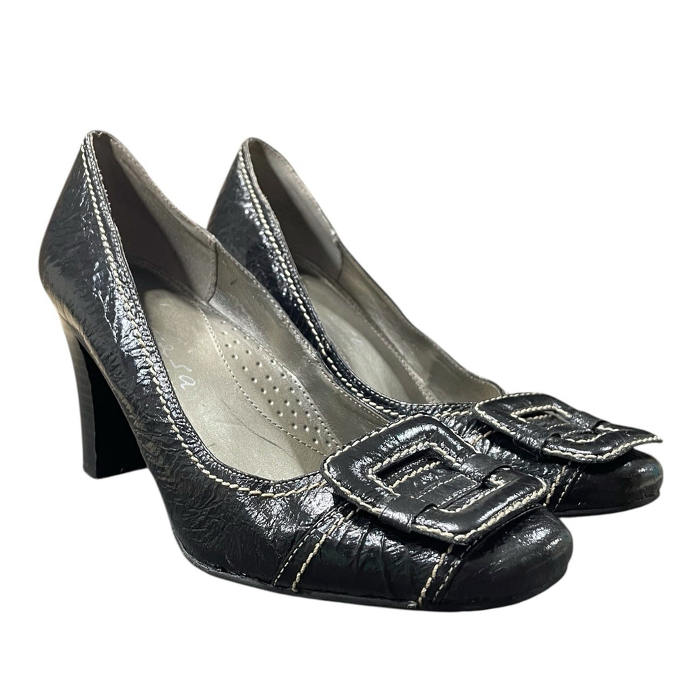 Italian Shoemakers Contesa Women 7 Pumps Square Toe Contrast Stitch Leather Blac